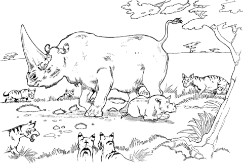 Baby Rhinoceros And Mother Against The Hyena Coloring Page